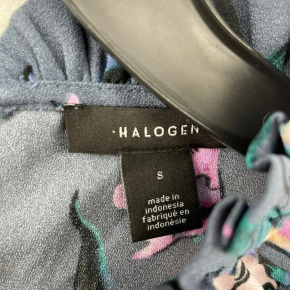 Halogen Blouse Women's Sz S Blue Purple Floral Ruffle Flutter Sleeves Sheer - Picture 9 of 11